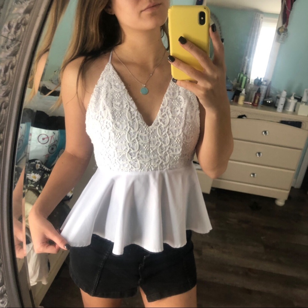 While Lace Peplum Top